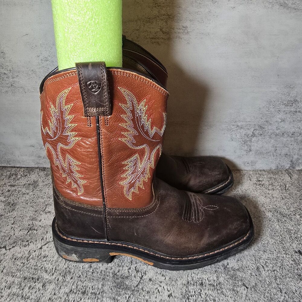 Ariat WorkHog 10007837 Brown Leather Pull On Western Boots Shoes Youth US 3.5